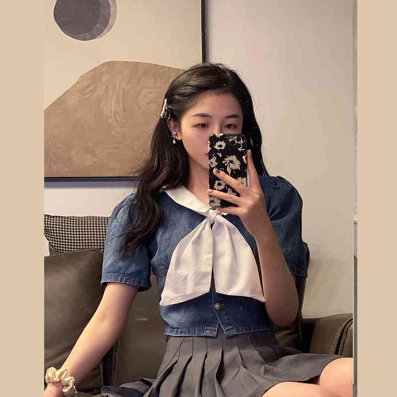 Summer Retro Contrast Short Sleeve Bow Denim T Shirts Women Sexy Slim Thin Single-breasted Crop Tops Fashion Jeans 210429