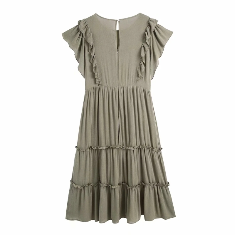 Summer Women Flower Embroidery Butterfly Sleeve Midi Dress Female Ruffle Splicing Clothes Casual Lady Loose Vestido D7682 210430