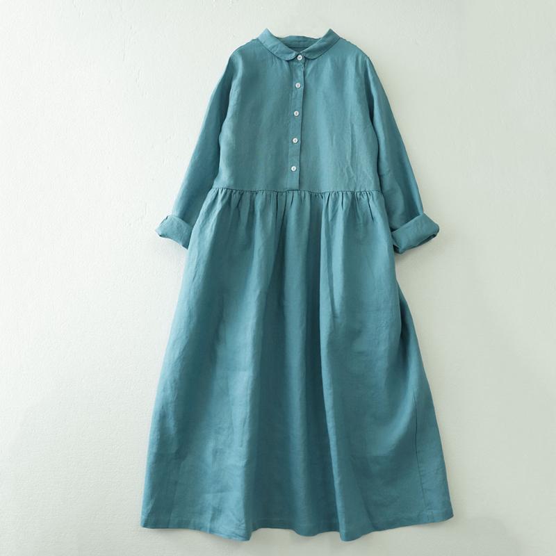 Pure Linen Long-sleeved Dress Aging Doll Collar Spring And Autumn Cotton Women's Shirt Long 277 Casual Dresses