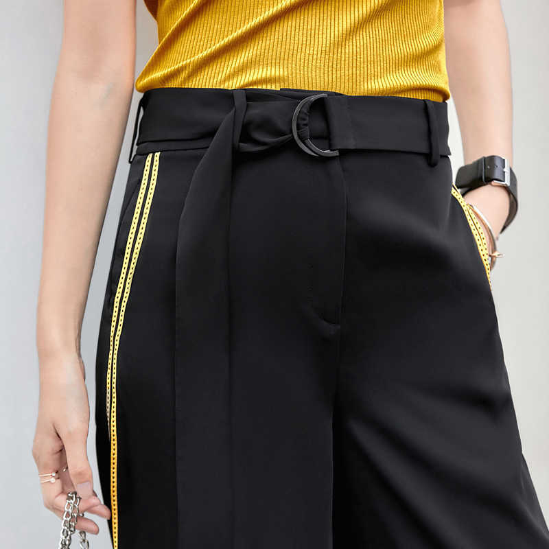 Minimalism Summer Fashion Side Stripe Wide Leg Pants Women Belt Loose Streetwear Female 11970204 210527