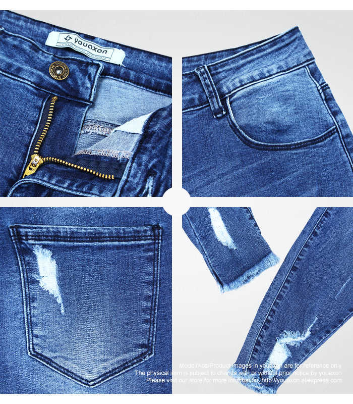 2127 Youaxon S-XXXXXL Ultra Stretchy Blue Tassel Ripped Jeans Woman Denim Pants Trousers For Women Pencil Skinny Jeans 210730