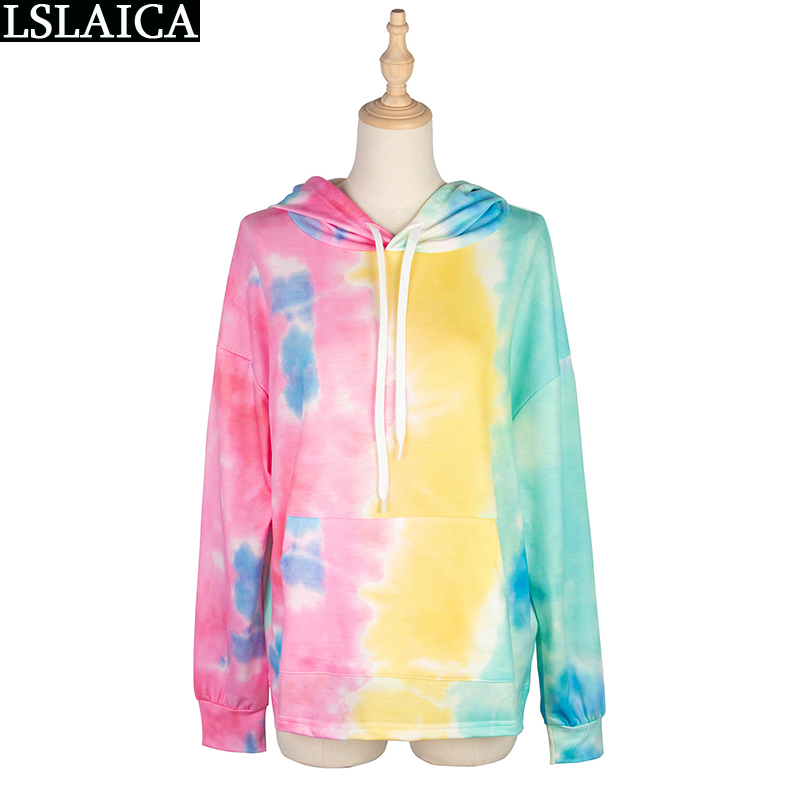 Hoodies Women Sweatshirt Casual Tie Dye Print Long Sleeve Pocket Pullovers Sweatshirts Fashion Female Clothes Loose Autumn Tops 210520