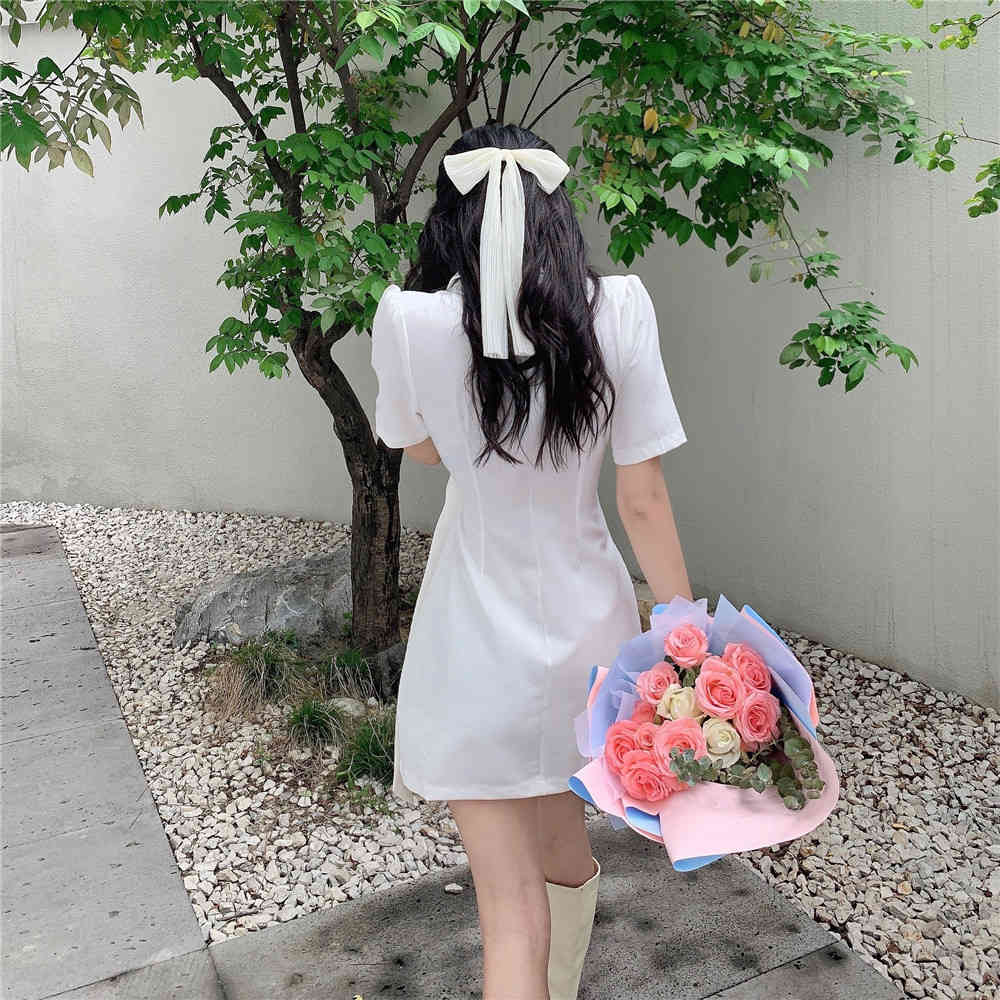Summer Elegant Women's Dresses Retro Solid Color Lace-up Slim Dress Notched Collar Short Sleeve Mini Female 210519