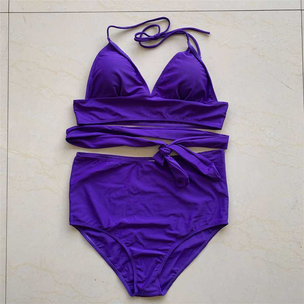 High Waist Bikini Set Halter Bathing Suit Woman Swimsuit Female Plus Size 3XL Solid Purple Bandage Swimwear Women 210520