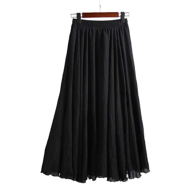 High Quality Cotton Linen Maxi Skirt Womens Casual Elastic Waist Pleated A-Line Beach Skirts Boho Saia Feminina Faldas Jupe 210619