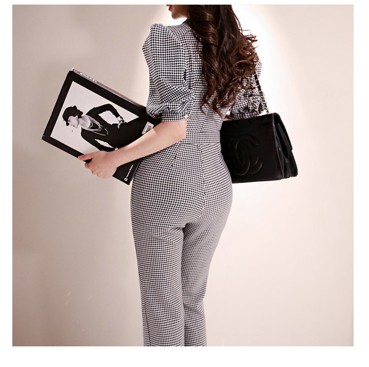 Summer Office Ladies Plaid Jumpsuits Bussines Short Sleeve Notched Neck Overalls Formal Work Rompers Jumpsuit 210506