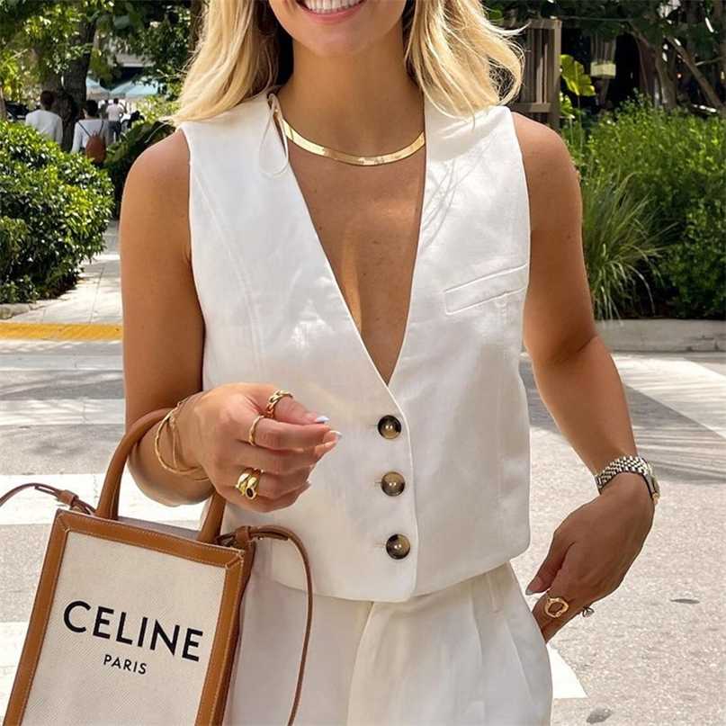 XEASY Women Elegant White Streetwear Sleeveless Short Vest Female Vintage Slim V-Neck Single-breasted Casual Waistcoat 211120