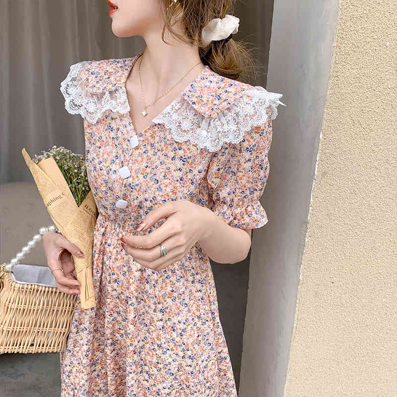 Vintage V Neck Floral Dress Women Elegant Chiffon Midi Peter Pan Collar Short Puff Sleeve Casual Summer 210515