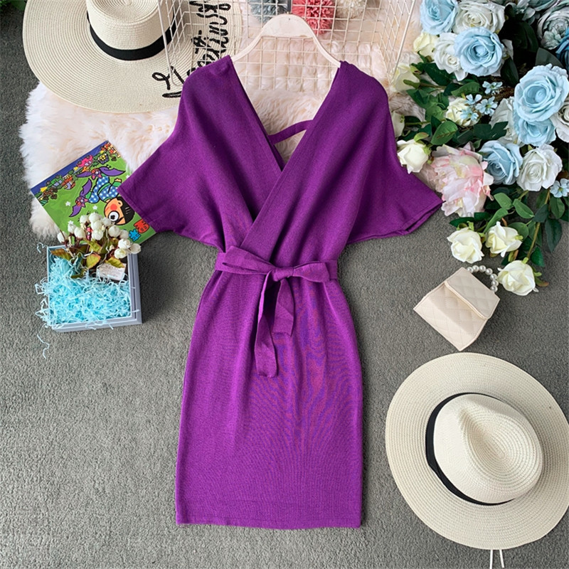 Sexy Dresses Solid Knitting Stretch C-neck Summer Dress Women Bow Lace Up Bodycon Batwing Sleeve Slim Vestidos 210521