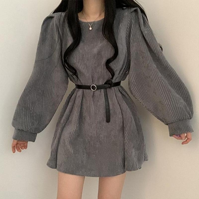 Casual Dresses Puff Sleeve Dress Plus Size Mini Long Autumn Winter Woman Vintage Lolita Black Brown Party For Women 2021