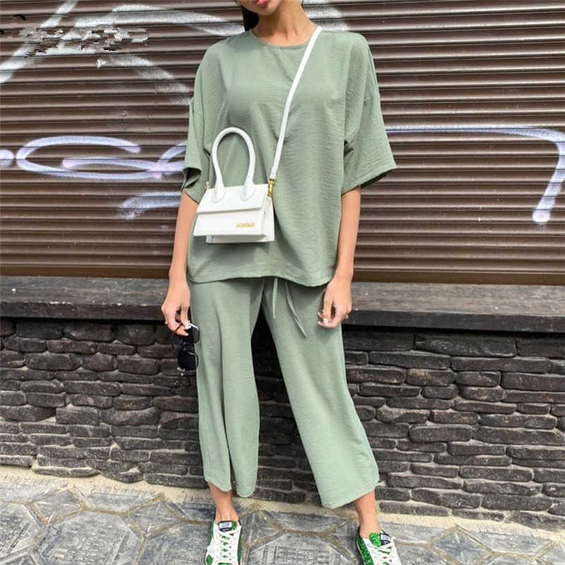 Sexy Fashion Khaki Women's Set Summer Casual Two Piece Set Short Sleeve Tops Shirt And Loose Beach Pants Set Bottom Suit Outfits 210707