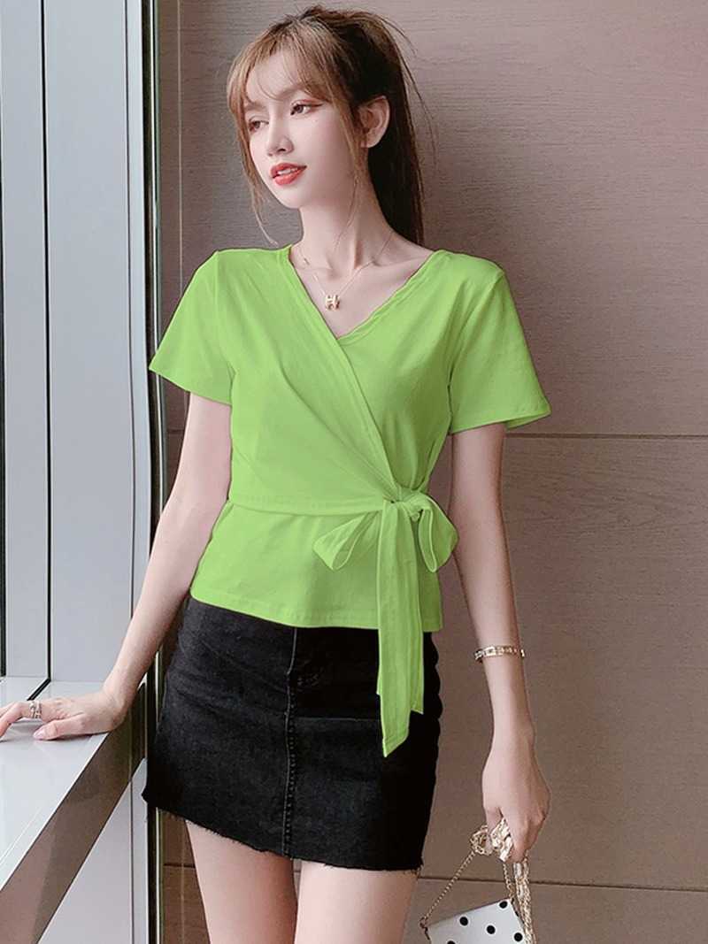 Spring/Summer Korean Fashion and Elegant OL Women's T-shirt White Lace-up Thin Short 210615Z