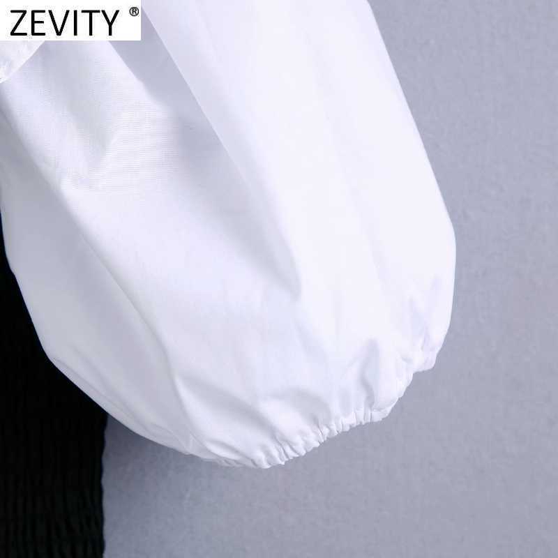 Zevity Women Sweet White Peter Pan Collar Patchwork Black Slim Short Blouse Female Puff Sleeve Shirt Chic Blusas Tops LS9385 210603