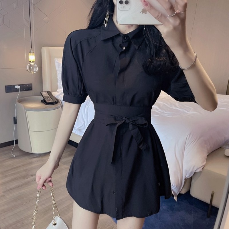 Korean Fashion Summer Two Piece Set Casual Women Short Sleeve Elegant Belt Long Shirt + Mini Shorts Suit 210518