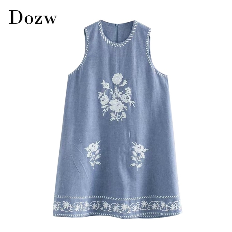 Stylish Embroidery Dress Women O Neck Vitnage Mini Casual es Summer Sleeveless Loose Short Vestidos Mujer 210515