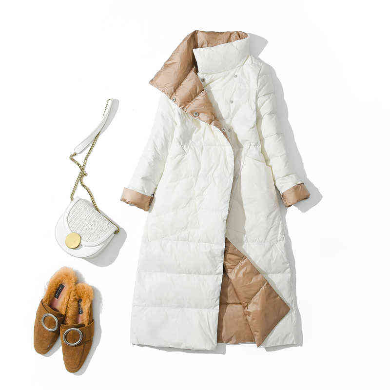 Luzuzi Women Double Sided Down Long Jacket Winter Turtleneck White Duck Down Coat Double Breasted Warm Parkas Female Outerwear 211102