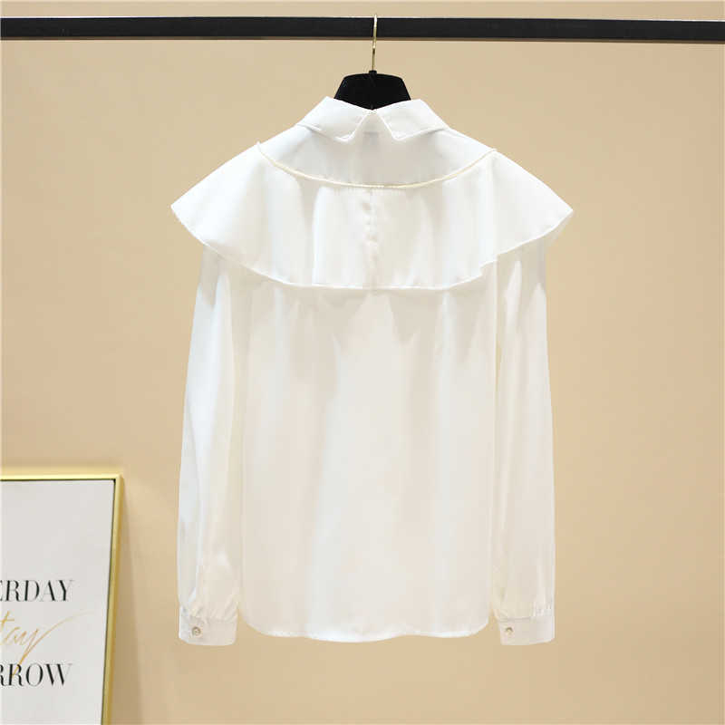Embroidered Ruffle Full Loose Turn Down Collar White Shirt for Women 210615