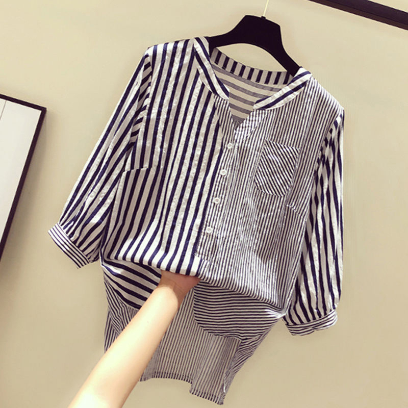 Arrival Spring Korea Fashion Women 3/4 Sleeve Casual V-neck Shirts All-matched Loose Striped Blouses Ladies Tops S89 210512