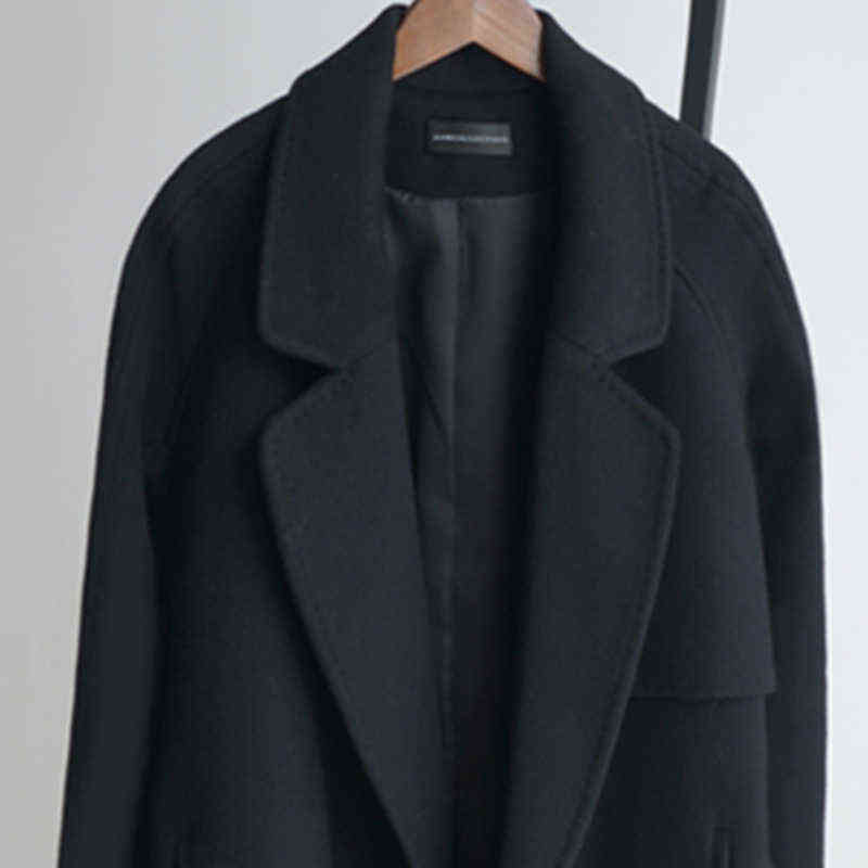 Fall/Winter black woolen coat women's fashion coat loose belt temperament is thin casual wool coat trench Office Lady Long 211104