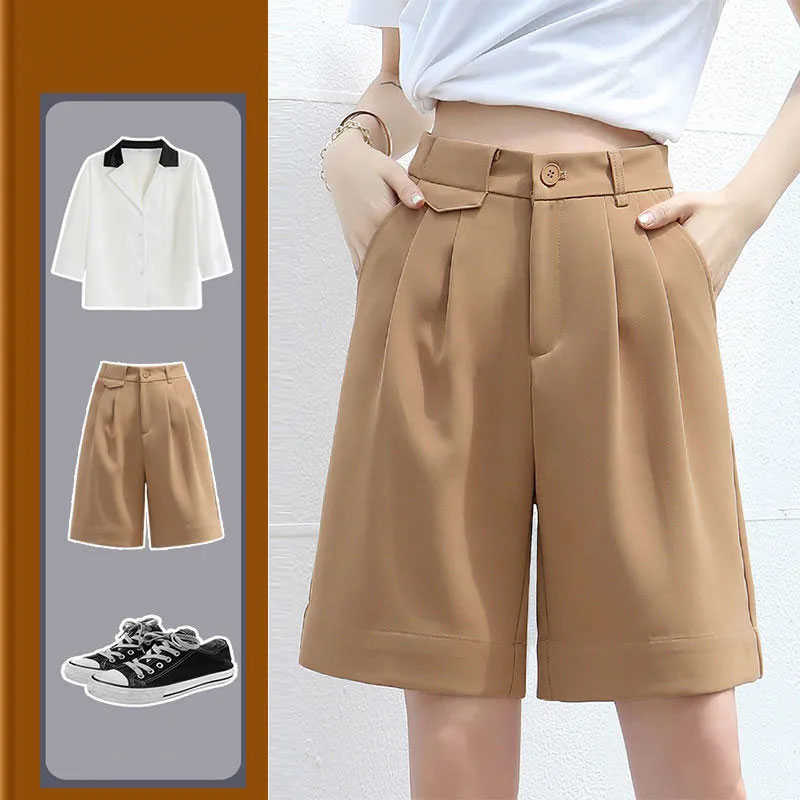 Black five-point suit shorts female plus size summer fashion high waist loose straight wide leg casual overalls 210714