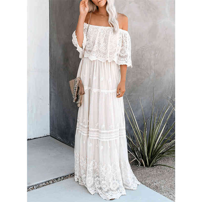 Elegant Bikini Cover-ups Sexy Slash Neck Summer Beach Dress Long White Lace Tunic Women Wear Swim Suit Cover Up A505 210420