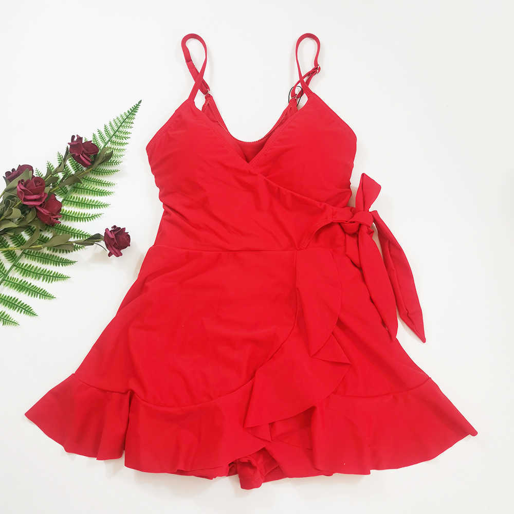 Women's Summer Bathing Suit Push Up Swimsuit Belt Solid Korea Swimwear Women with Skirt Swim Dress 210625