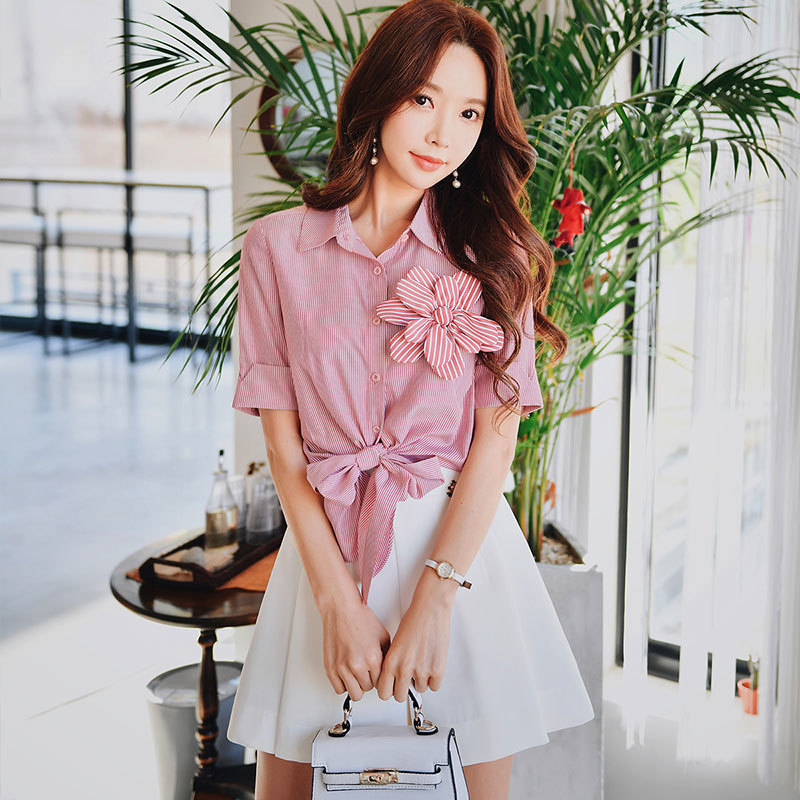 Dabuwawa Pink Solid Button Front Appliques Blouse Shirt Women Tops Short Sleeve Basic Blouses For Office Ladies DO1BST012 210520