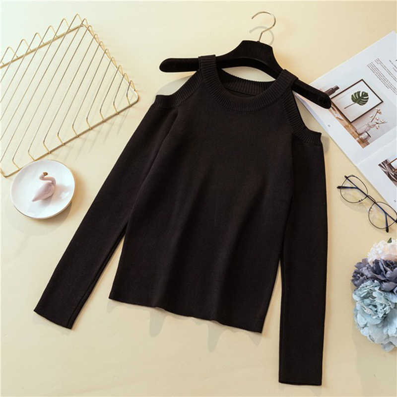 LJSXLS Sexy Off Shoulder Knitted Sweater Women Solid Slim Pullover White Black jumpers Autumn Winter Female Tops 211011Z