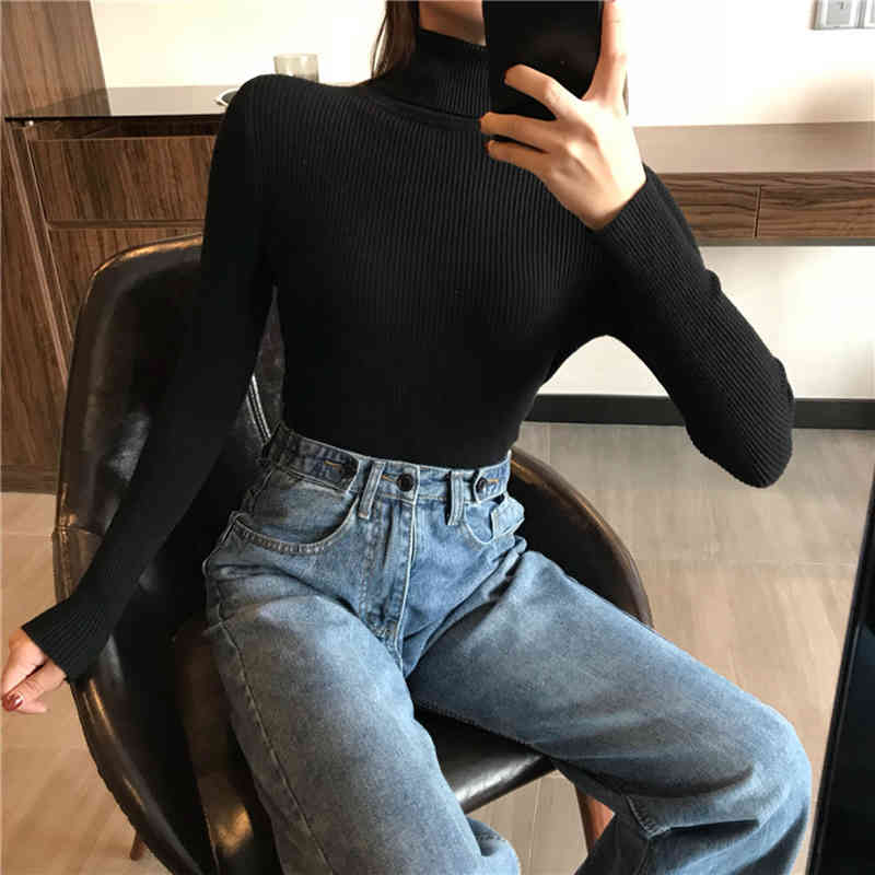 Knitted Ribbed Pullover Sweater Slim Soft Warm Pull Long Sleeve Turtleneck Autumn Winter Sweater Women Jumper Femme 6897 50 210417