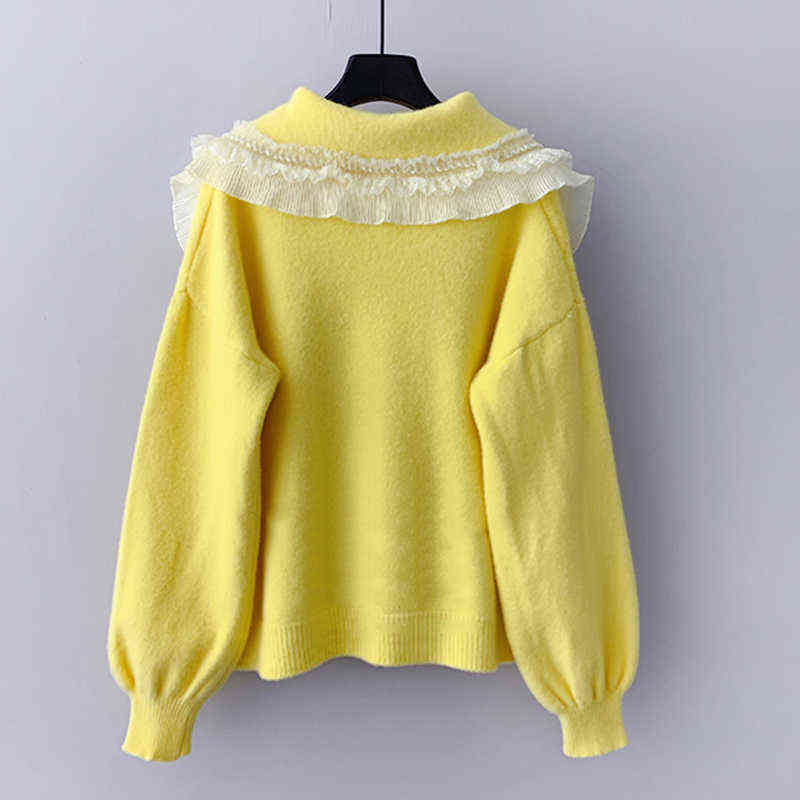 AZYT Autumn Winter Knit Female Cardigan Lace Turn Down Collar Sweater Womens jacket Loose Elegant Ladys Cardigan Pull Femme Top 211117