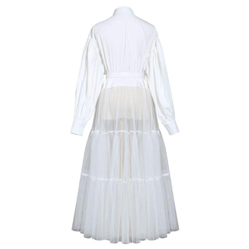 Elegant White Dress For Women Stand Collar Lantern Long Sleeve High Waist Sashes Mesh Spring Dresses Female Fashion 210520