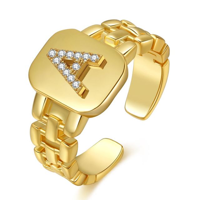Women Opening Ring Hollow A-Z Letter Gold Color Metal with diamond Adjustable Initials Name Alphabet Female Party Chunky Wide Trendy Jewelry 02