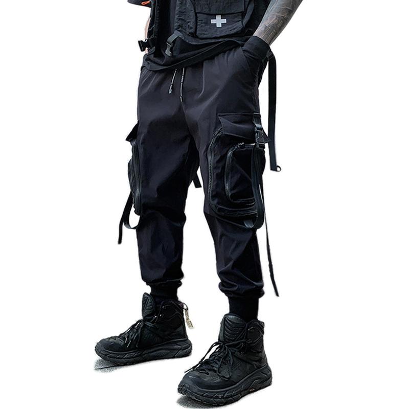 Zipper Big Pockets Ribbons Hip Hop Men's Harem Ripped Sweatpants Joggers Trousers Male Fashion Punk Full Length Pencil Pants