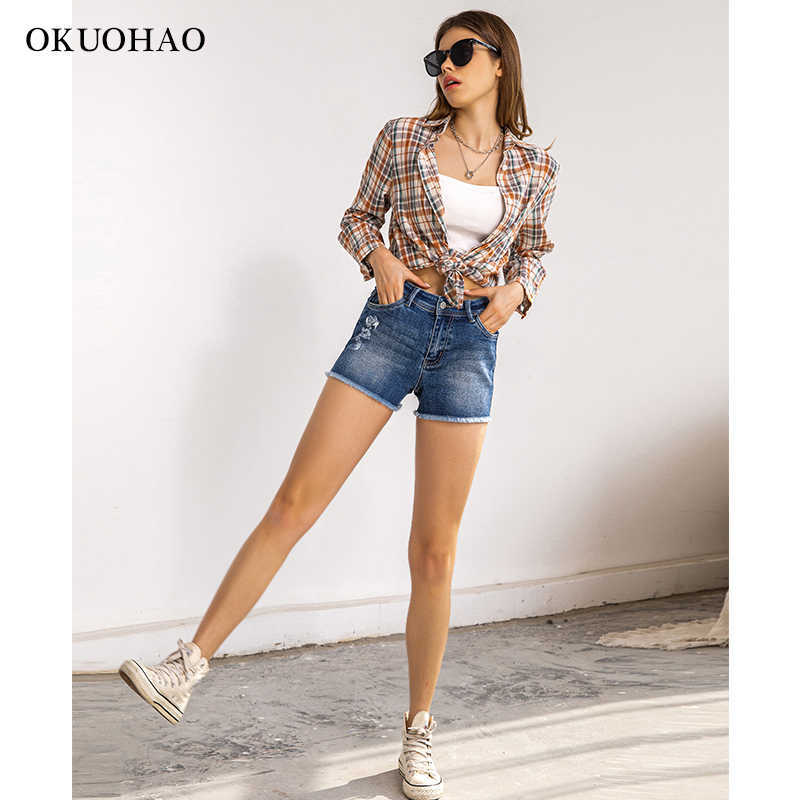 High Waist Denim Shorts For Women Summer Blue Ripped Elastic Jean Short Skinny Casual Female Washed Comfortable Shorts 210611