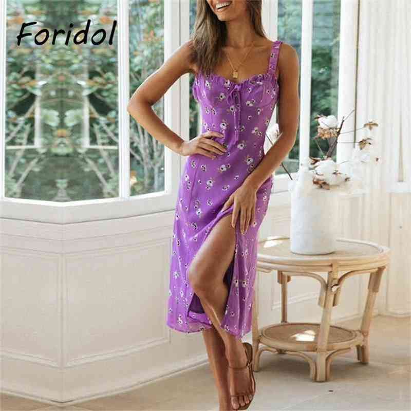 Fashion Purple Floral Boho Beach Style Long Dress for Women Summer Sundress Lace Up Holiday Casual Midi Dress Vestido De Mujer 210415