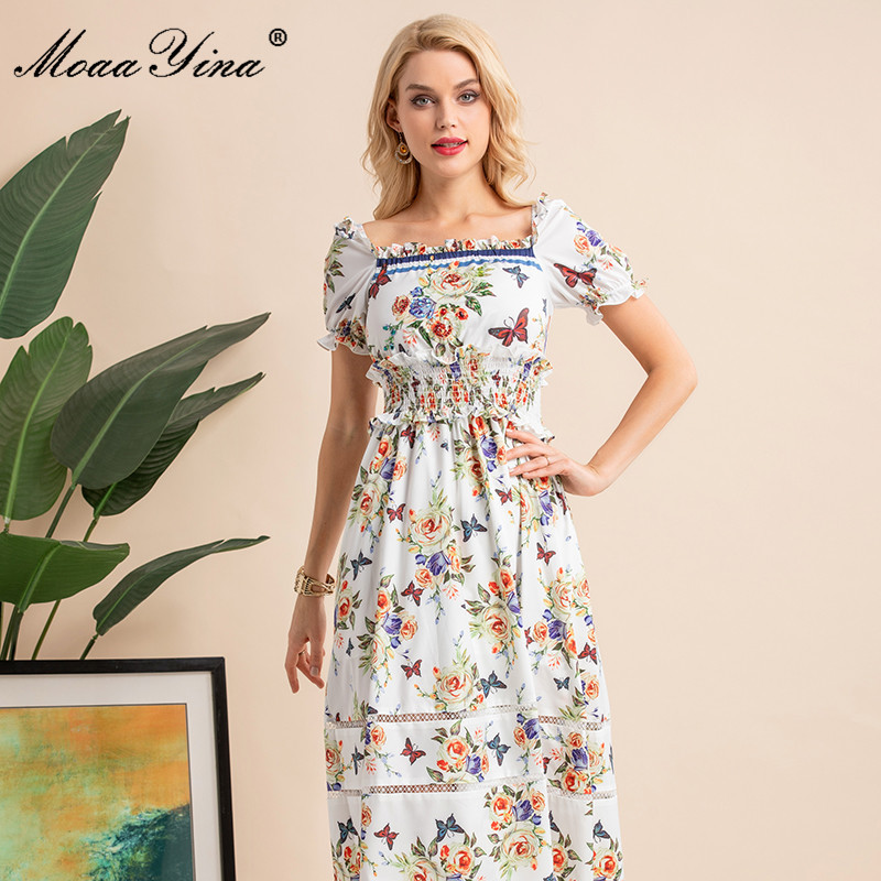 Summer Fashion Beading Printed Elegant Vacation Midi Dress Women's Elastic waist Floral Vintage Party 210524