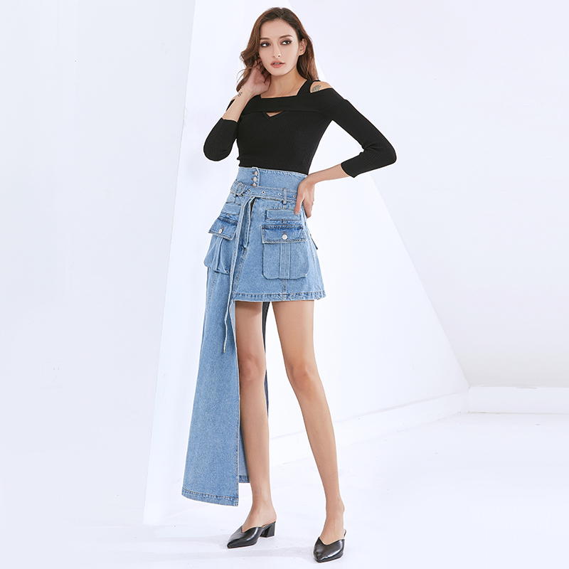 Denim Asymmetrical Skirt For Women High Waist With Sashes Irregular Hem Casual Skirts Female Fashion Clothing 210521