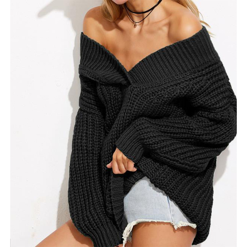 Women Sweater V-Neck Lantern Sleeve Pullovers Off The Shoulder s Black Gray Red Autumn Fasahion 210513