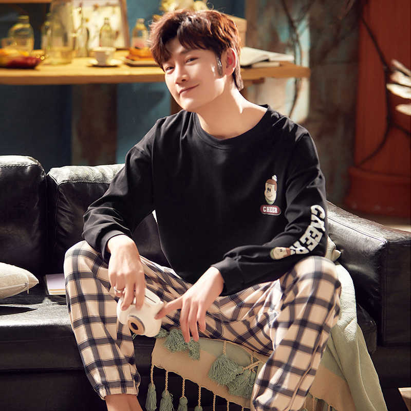 Home Wear Men's Pajamas Set Autumn Winter Soft Warm Cotton Men Pajamas Sets Long Sleeve Sleepwear Set Leisure HomeWear Clothes 211014