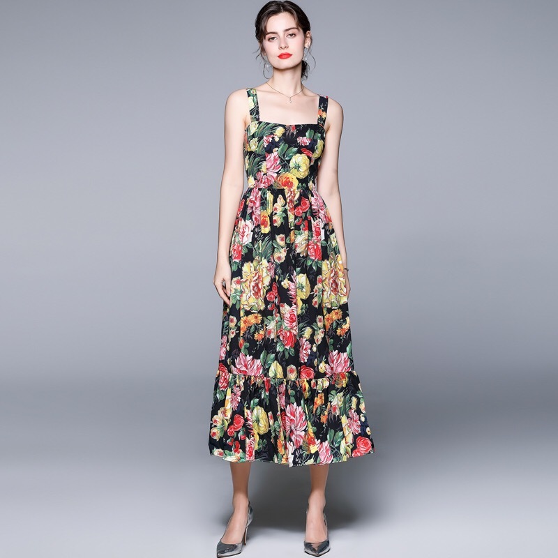 vintage summer midi dress tropical flower fruit printed camisole square collar dresses lady traf vestidos de mujer casual 210421