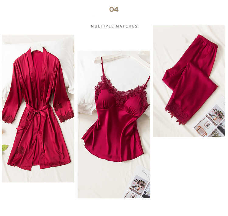 5PCS Robe Sleep Suit Pajamas Set Sexy Lace Stain Red Pajamas Women Silk Pyjamas Dressing Gown Summer Robe Sleepwear Chest Pads 210924