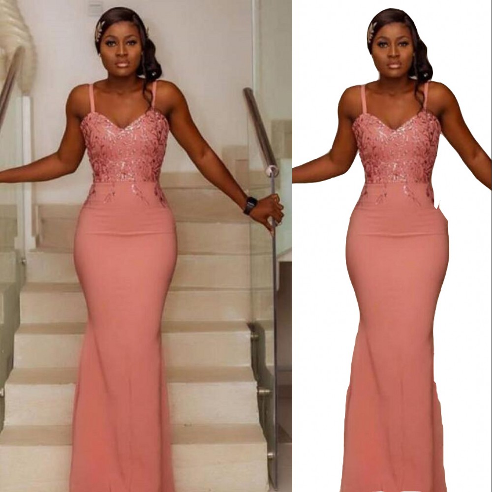 Mermaid Sexy Coral Bridemaid Dree Spaghetti Strap Lace Applique Long Arabic Zipper Back Floor Length Plu Size Maid Of Honor Gown Wedding Guet