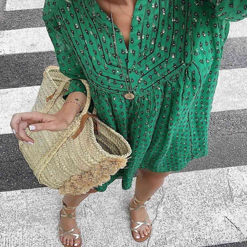 Foridol Floral Print Casual Dress Women Plus Size Office Ladies Short Green Dress Spring Autumn V Neck Vintage Dress 210415