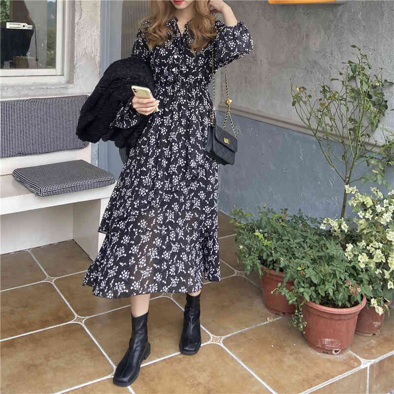 Spring French Style Vintage High Waist Loose Floral Dresses Lady V Neck Ruffle Sleeve Casual Chic Long Dress Women D12701X 210416