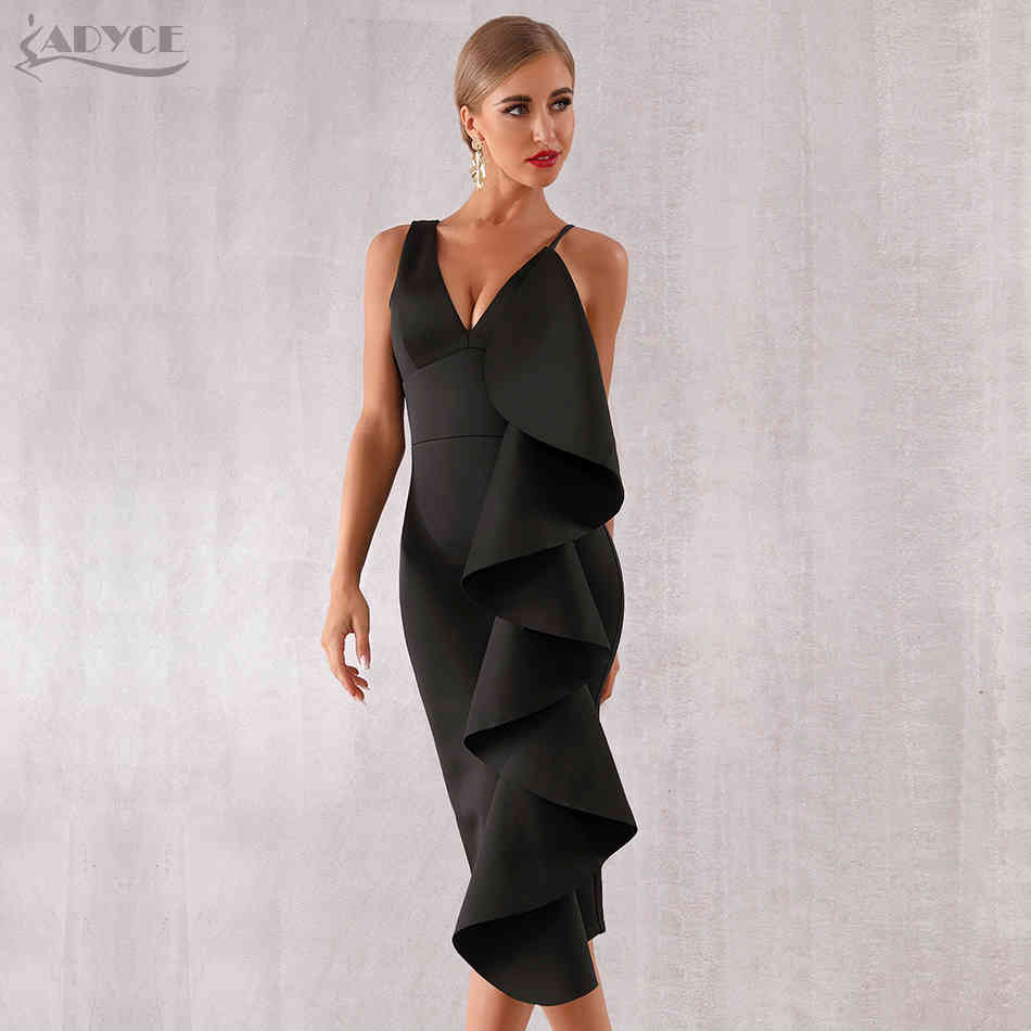Summer Women Celebrity Evening Runway Party Dress Vestidos Sexy Sleeveless Ruffles Black Midi Bodycon Club 210423