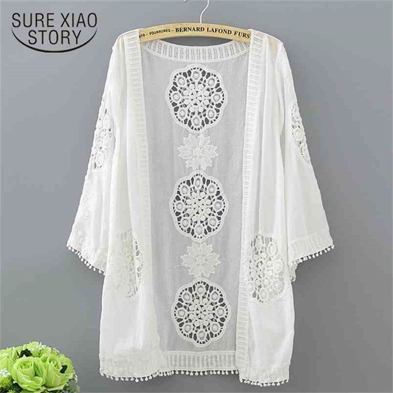 Fashion lace hollow women blouse shirt summer loose plus size Cardigan feminine s blusas 0335 40 210506