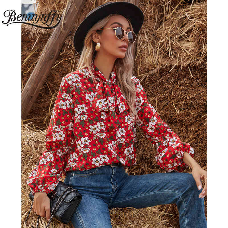 Bow Tie Neck Floral Print Button Up Shirt Women Spring Lantern Long Sleeve Office Casual Ladies Tops and Blouses 210510