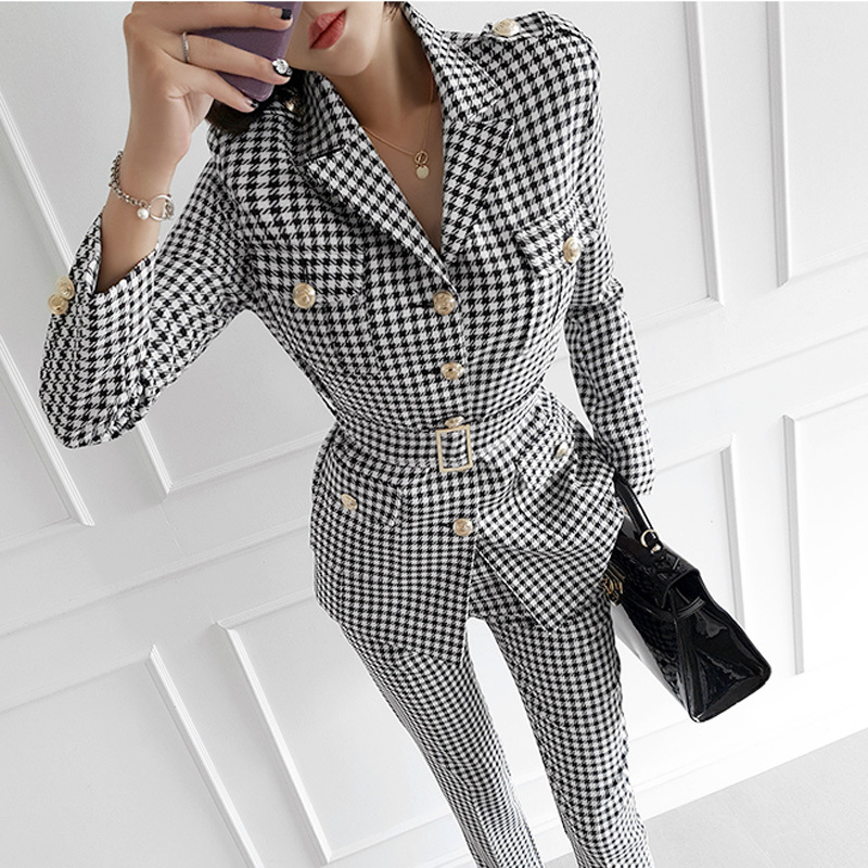 High quality Fashion Office Ladies Plaid Suit Slim Fit Autumn 2 Piece Set Blazer Suits Vintage Business Work Outfits 210506