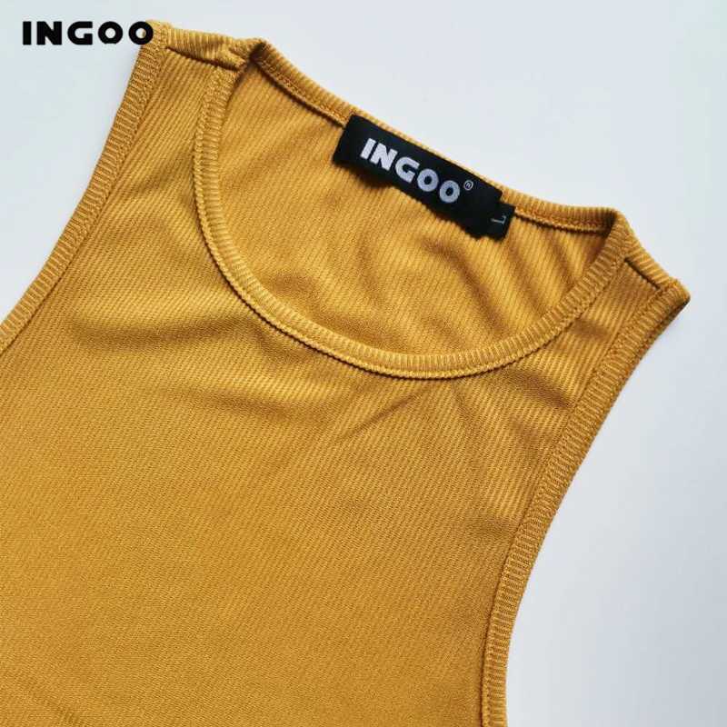INGOO Bodycon Tank Dres Split Tight Long Robe Yellow Black Elegant Sundress Casual Office Knee Sheath Dresses 210630