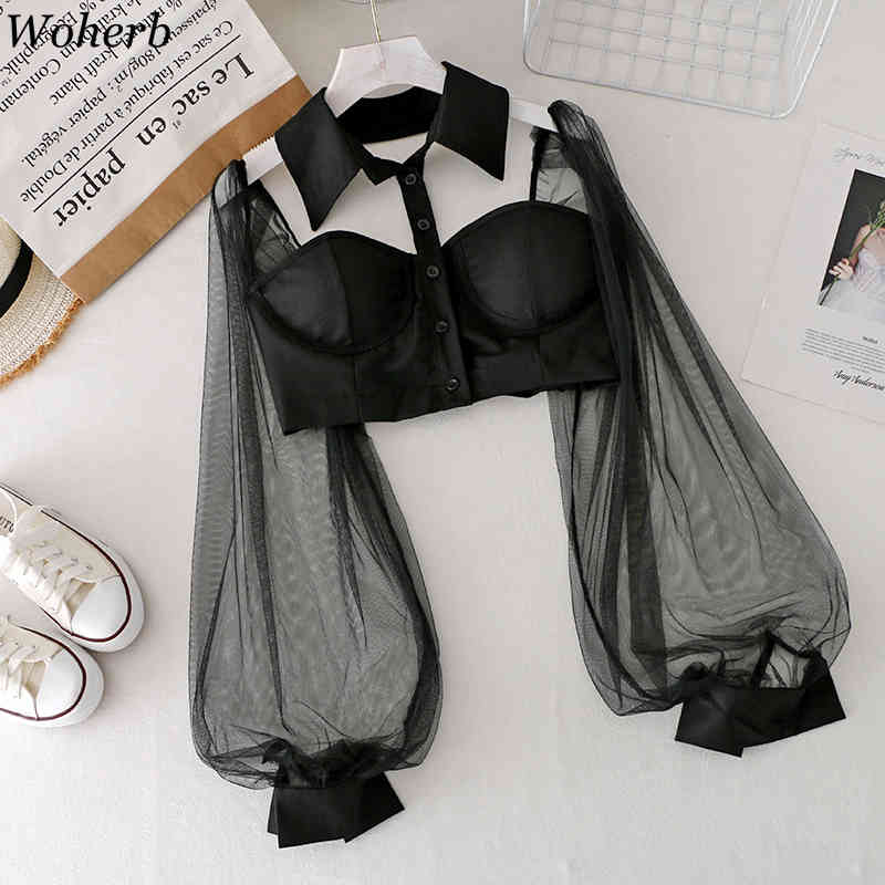 Sexy Lady Chic Women Blouses Halter Backless Shirts Blusas Mujer De Moda Gauze Patchwork Lantern Sleeve Blouse Crop Tops 210519